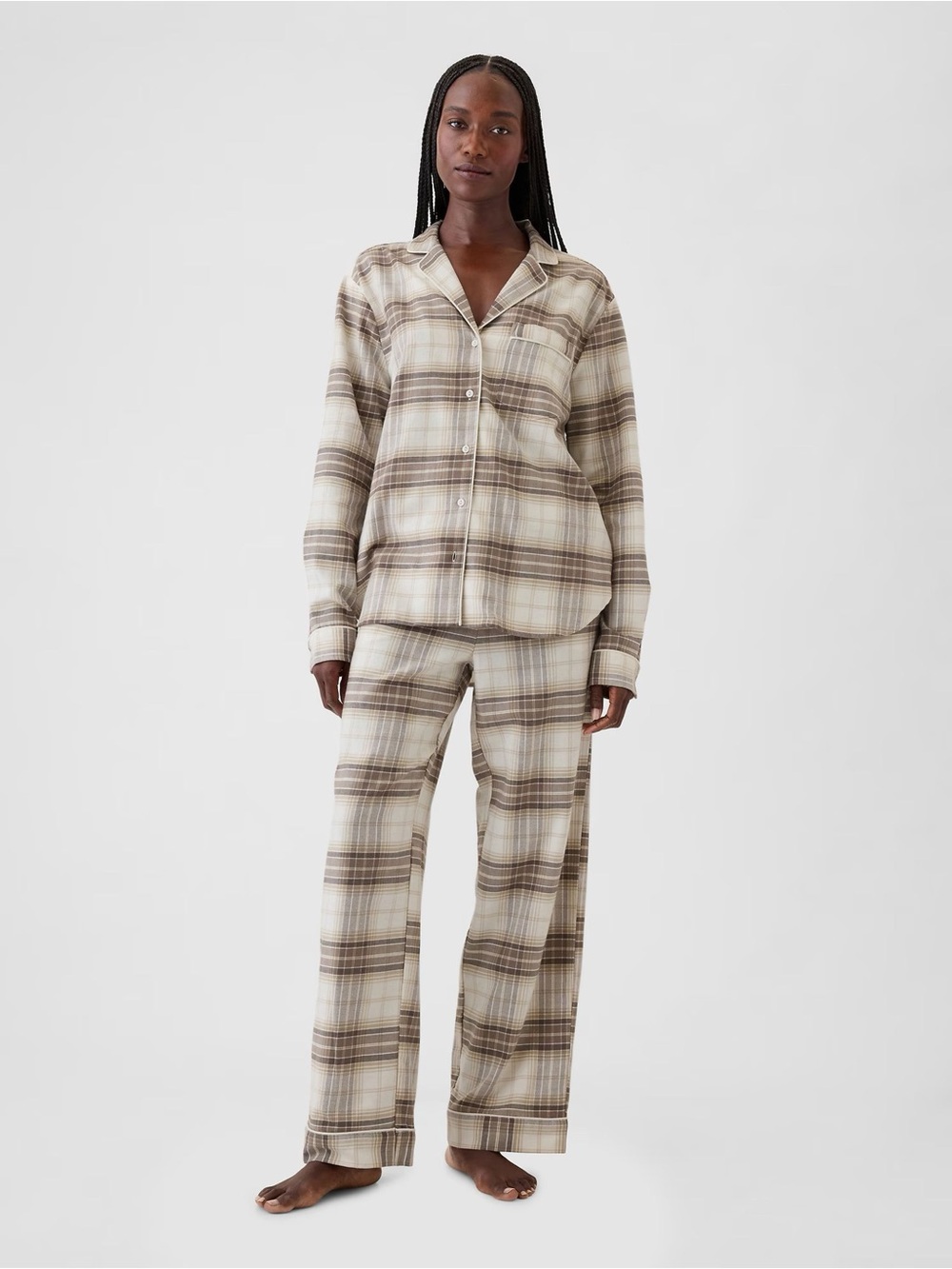 GAP Plaid Two-Piece Pajama Set in Cream and grey